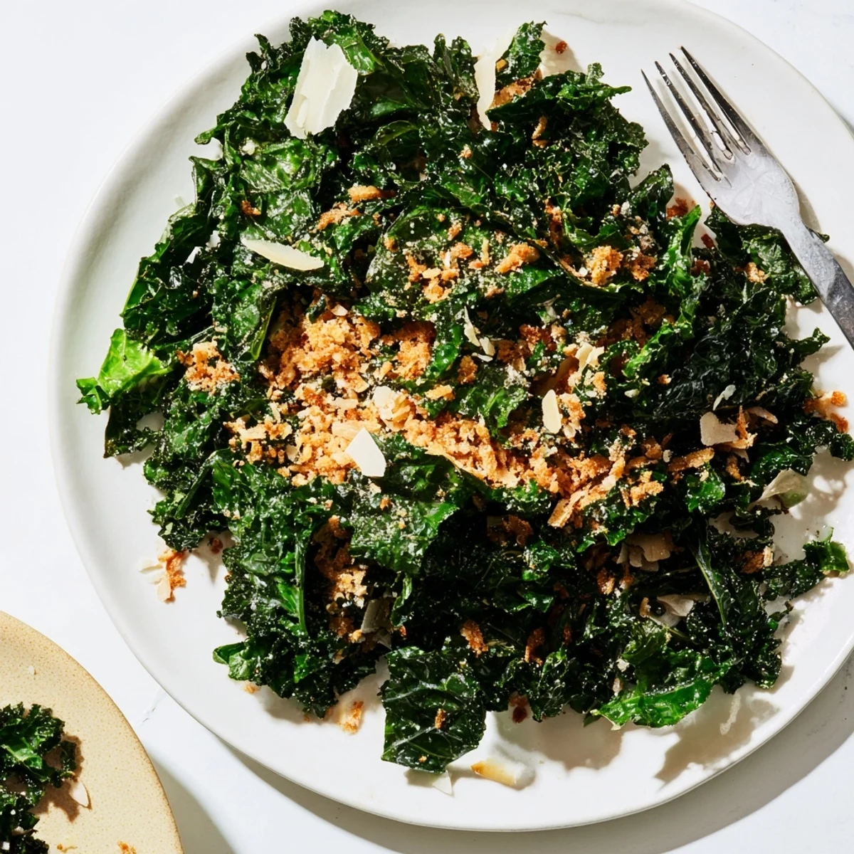Tender kale leaves coated in garlic Parmesan dressing with crunchy breadcrumbs and shaved Parmesan garnish.