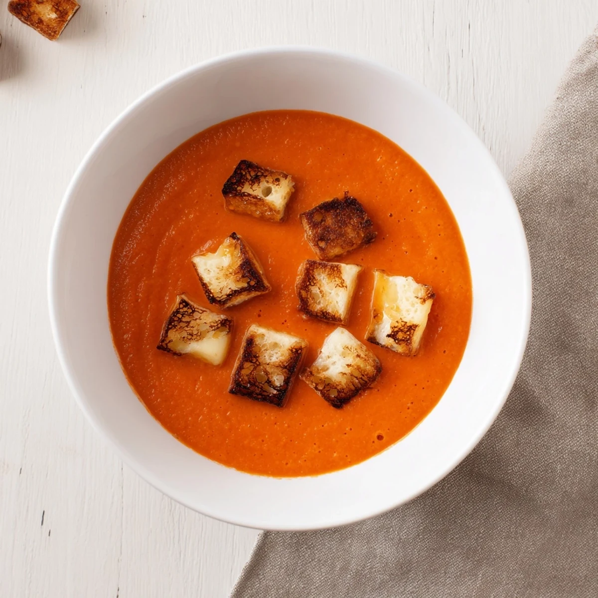 Roasted Tomato Soup with Grilled Cheese Croutons garnished with fresh basil in a rustic ceramic bowl.