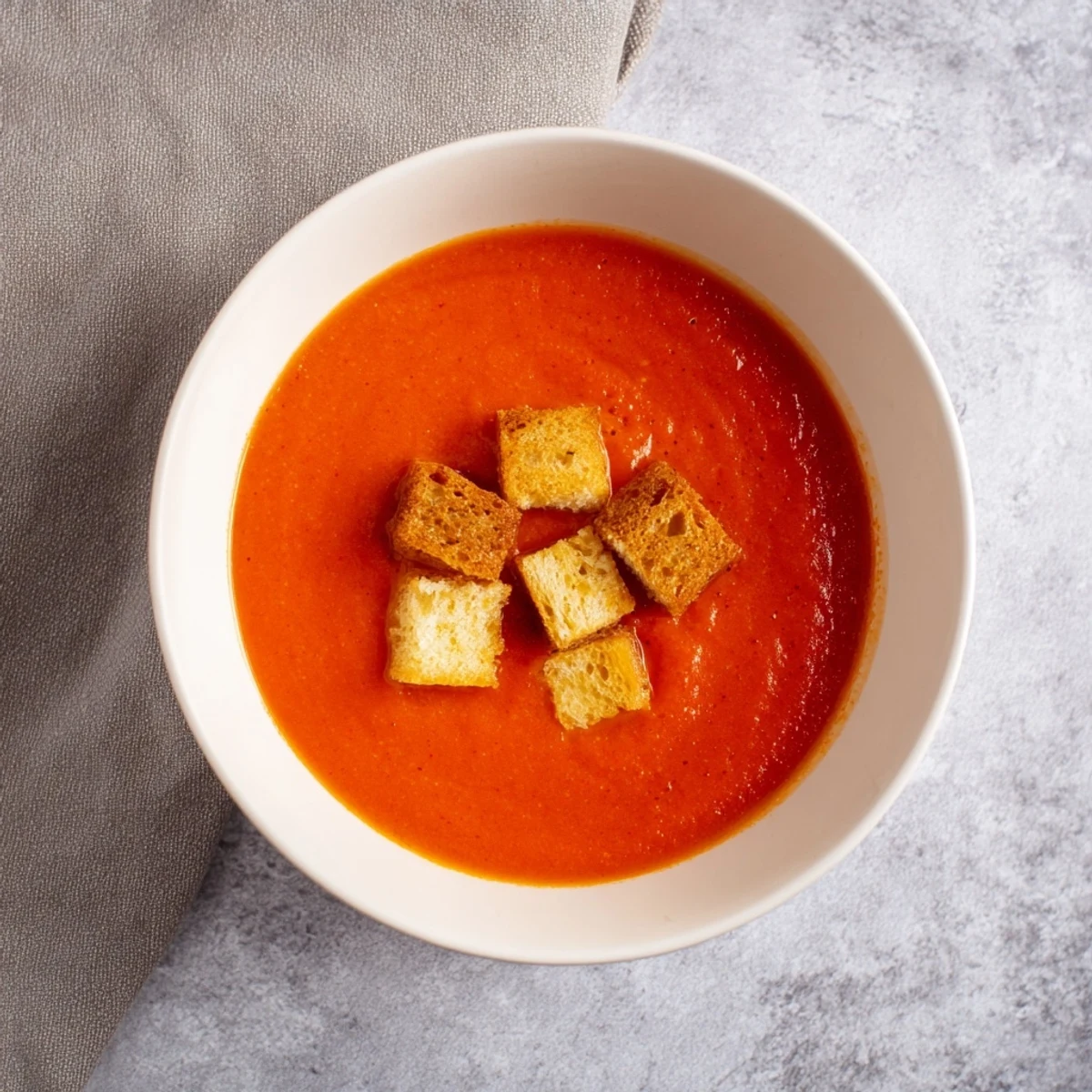 Close-up of Roasted Tomato Soup with Grilled Cheese Croutons, highlighting the velvety texture and golden bread cubes.