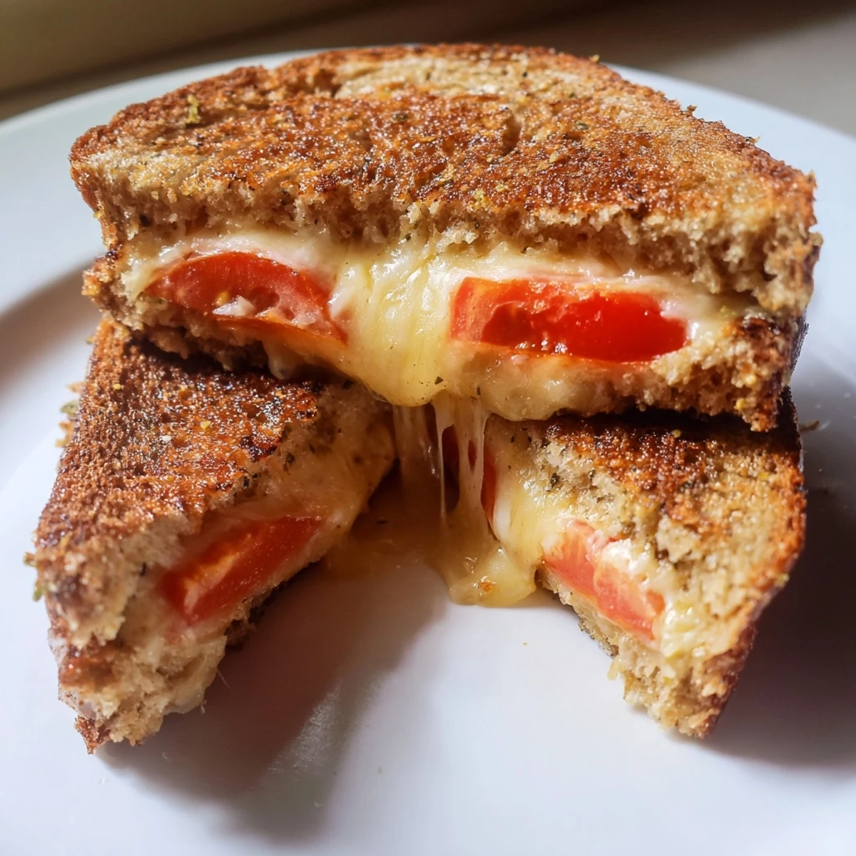 Golden-brown grilled cheese with pepper jack and fresh tomato slices, melted and served on jalapeño-studded bread for a spicy kick.
