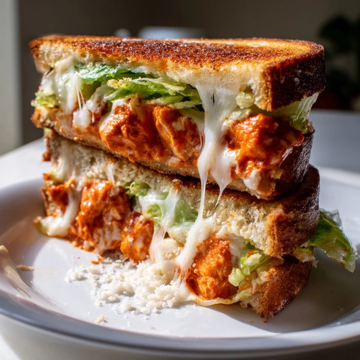 Buffalo Chicken Caesar Grilled Cheese on a rustic cutting board, with fresh romaine and extra drizzle for a flavorful, indulgent serving.