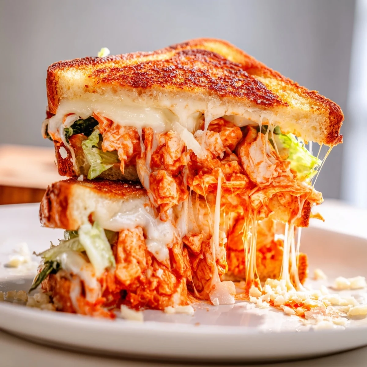 A perfectly grilled Buffalo Chicken Caesar Grilled Cheese cut diagonally, showcasing layers of creamy Caesar dressing, gooey cheese, and tender chicken.