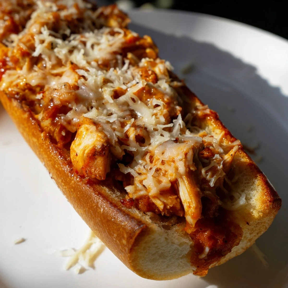 Golden Garlic Bread Boats filled with Chicken Parm, featuring melted mozzarella and marinara, served hot as a savory main dish.  