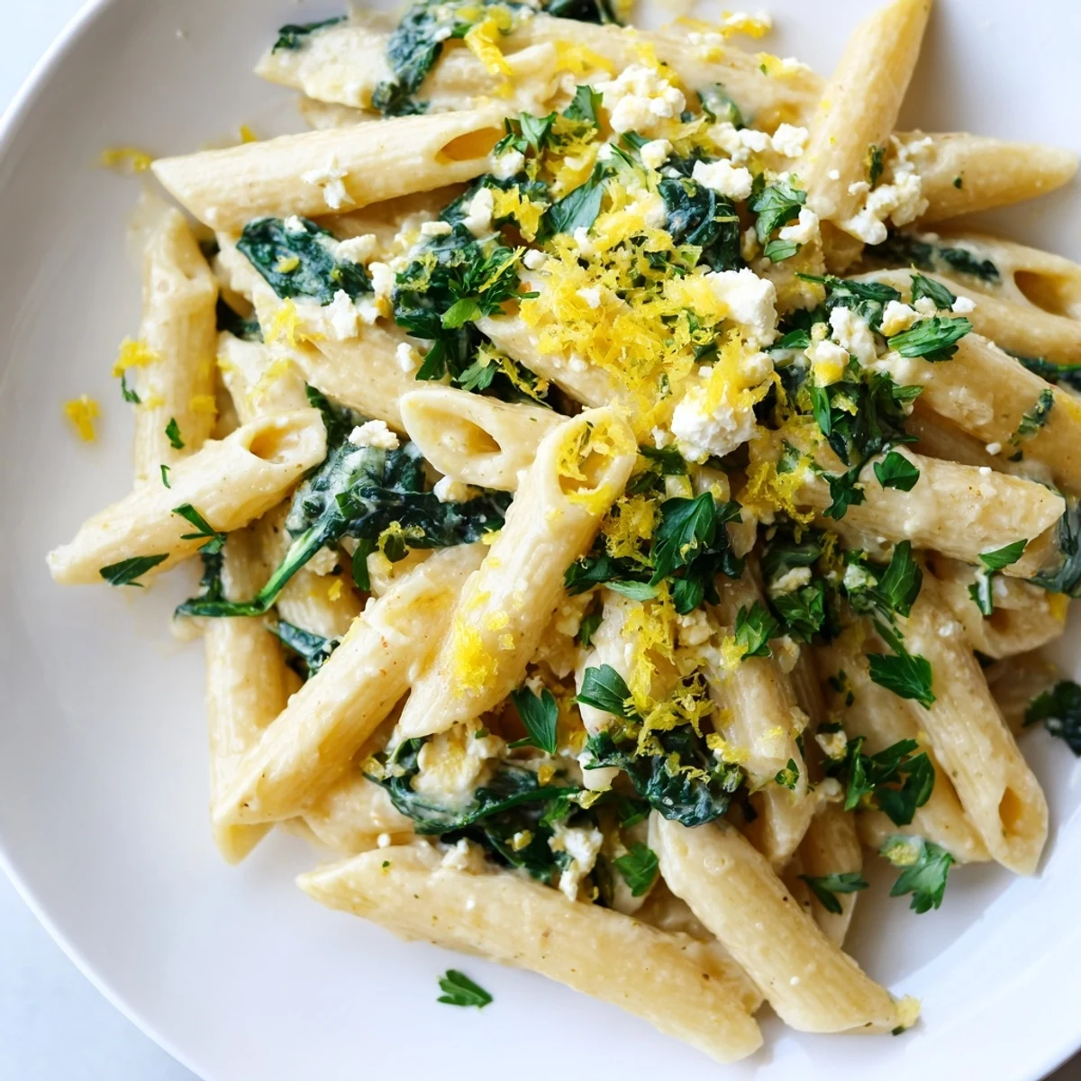 Creamy Feta Spinach Pasta in a skillet, garnished with fresh basil and a lemon wedge, steaming hot.  