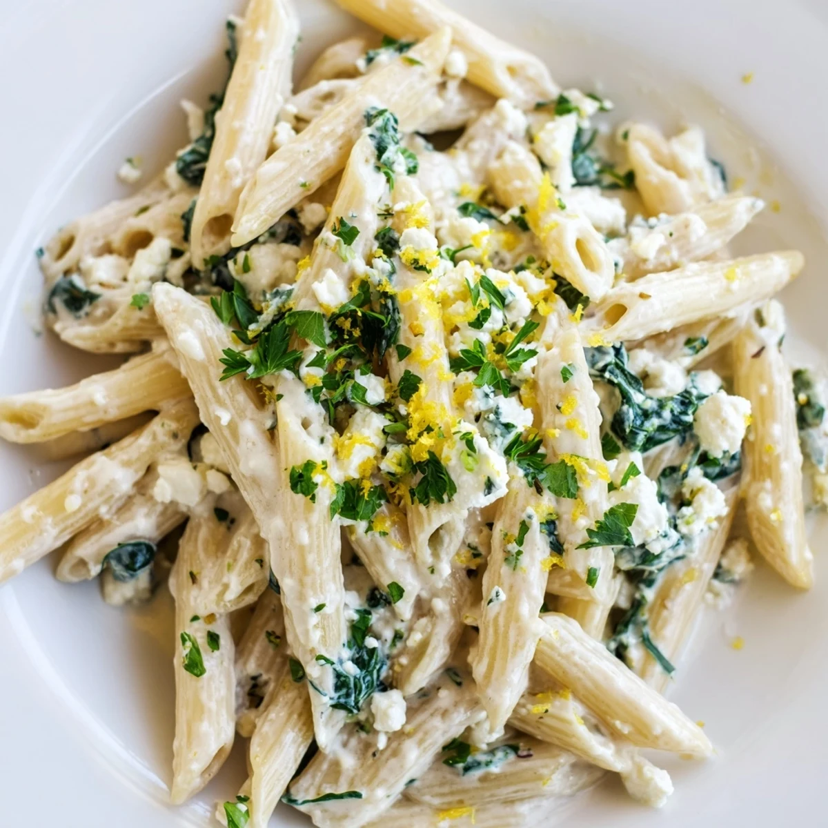 Vibrant bowl of Creamy Feta Spinach Pasta topped with lemon zest and chili flakes for a spicy kick.