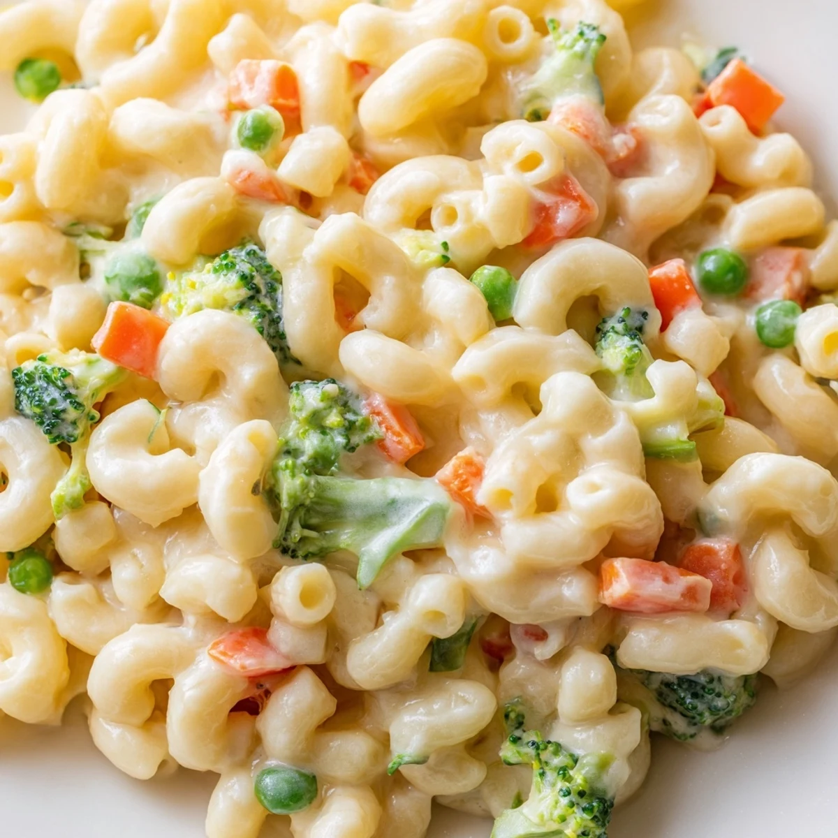Bubbling golden Garden Veg Mac and Cheese fresh from the oven, with peas, broccoli, and carrots peeking through creamy cheddar sauce.  