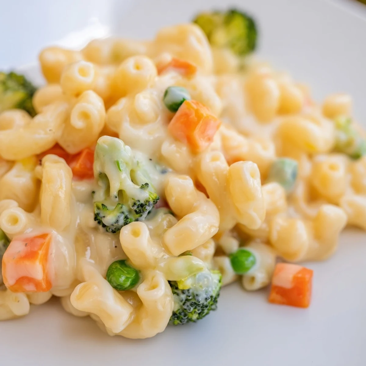 A close-up of Garden Veg Mac and Cheese in a white baking dish, topped with buttery panko breadcrumbs for a crispy finish.  