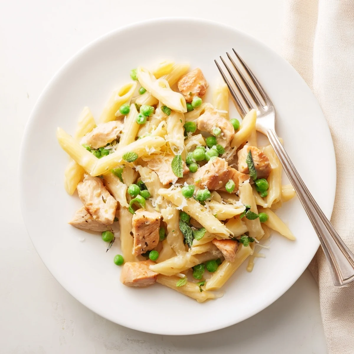 Tender chicken strips and sweet green peas tossed with penne in a glossy lemon sauce, topped with fresh mint and Parmesan.