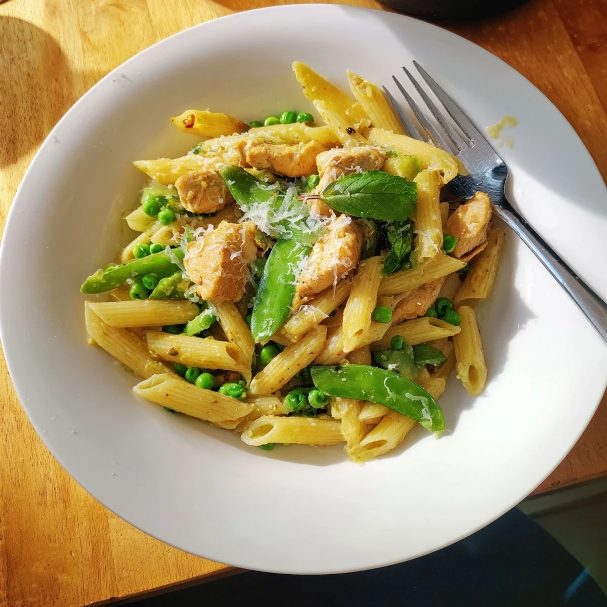 A vibrant plate of Pea & Mint Chicken Pasta garnished with chopped mint, ready to serve alongside a crisp green salad.