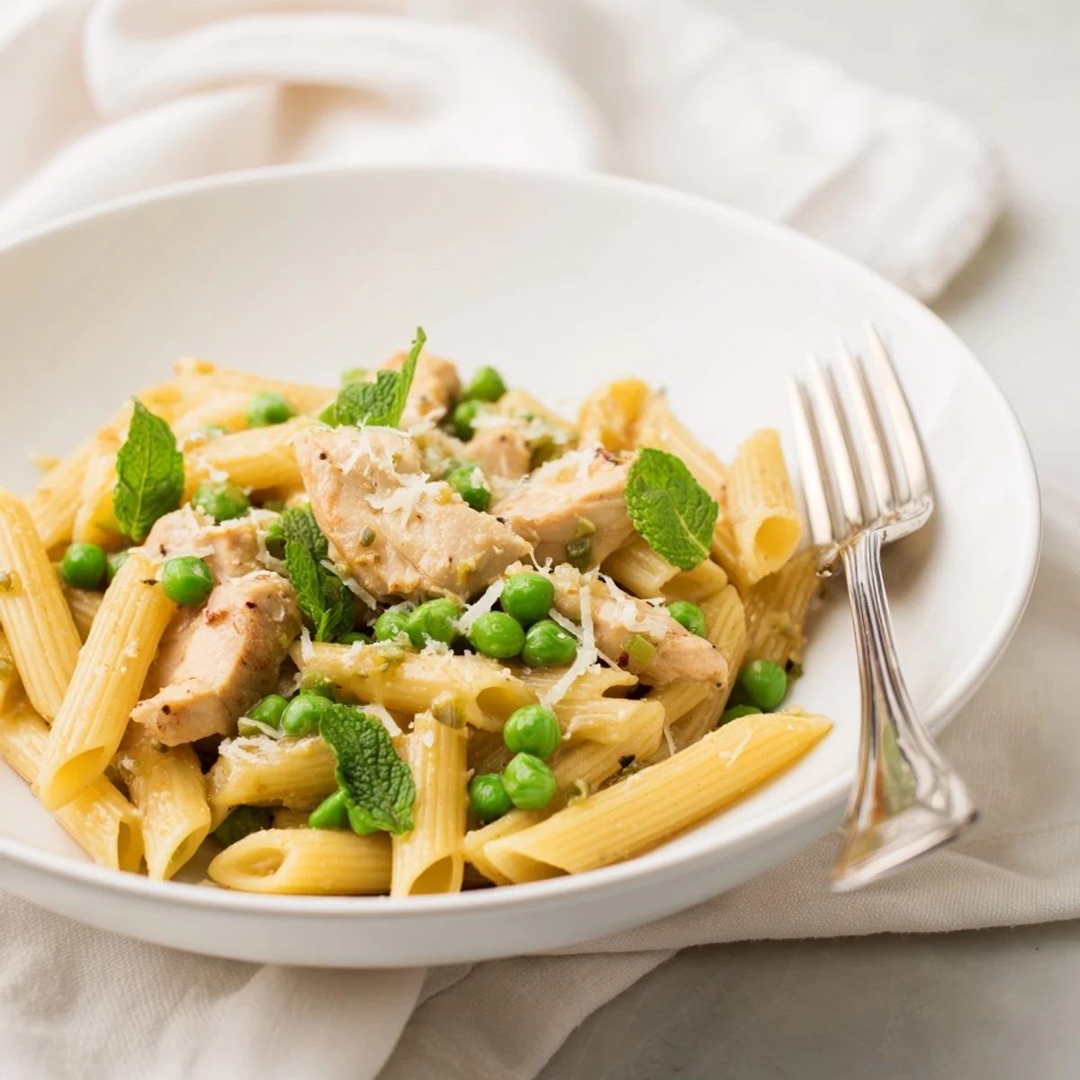 Close-up of spring-inspired Pea & Mint Chicken Pasta, showcasing golden chicken, bright peas, and a zesty lemon butter sauce.