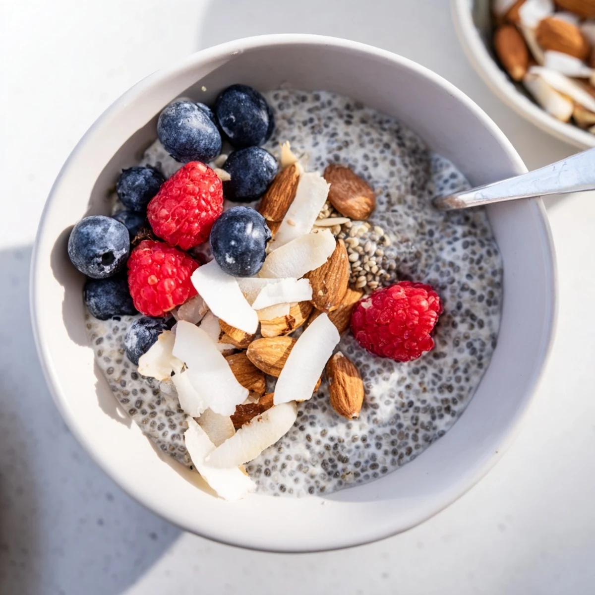 Creamy poppy seed chia pudding in a glass jar, topped with fresh blueberries and toasted almonds for a nutritious breakfast.
