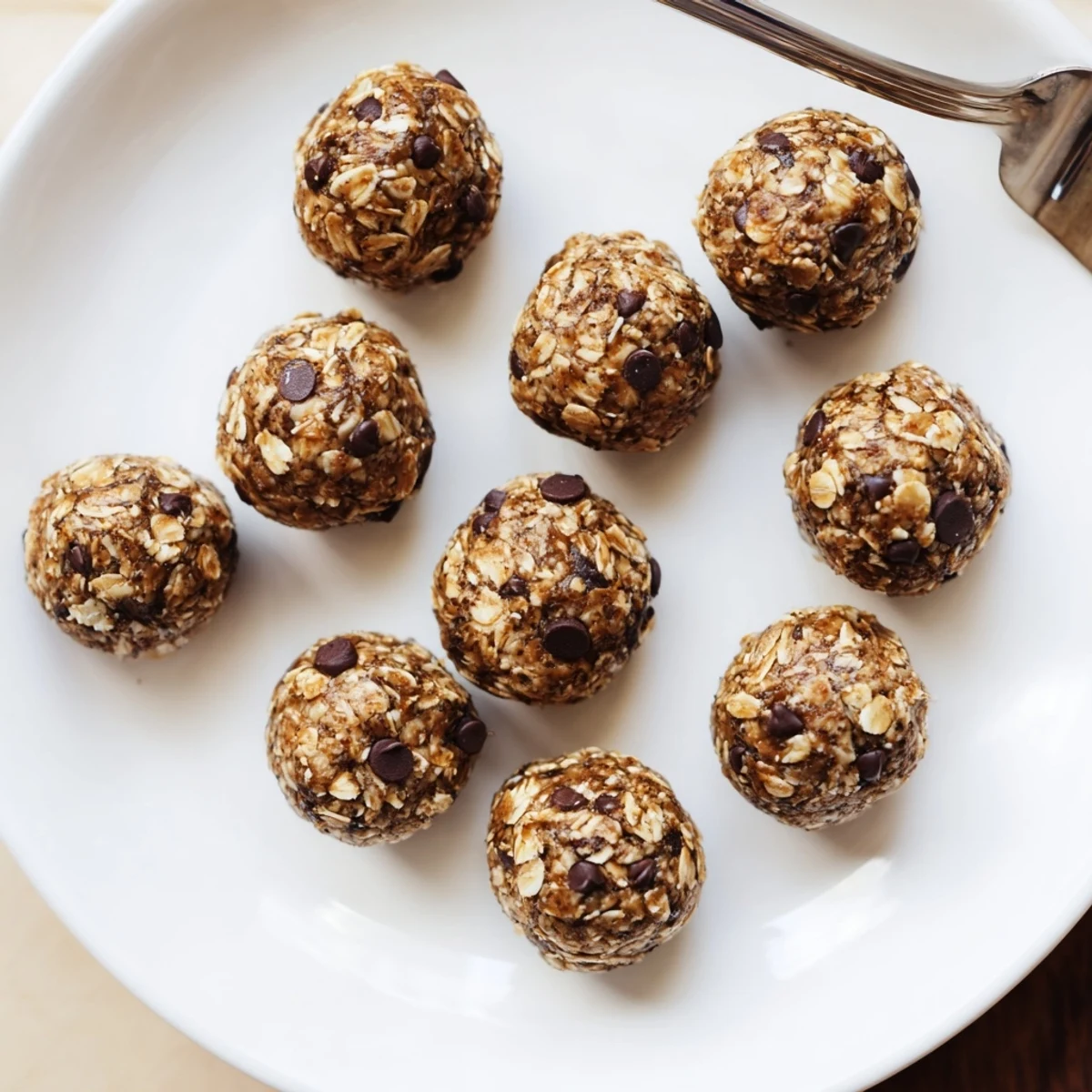 A close-up of Banana Chocolate Chip Energy Balls on a wooden board, showing the texture of oats and chocolate chips.
