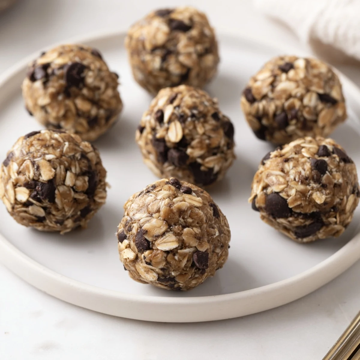 These Banana Chocolate Chip Energy Balls are arranged in a clear jar, ready to store in the refrigerator.