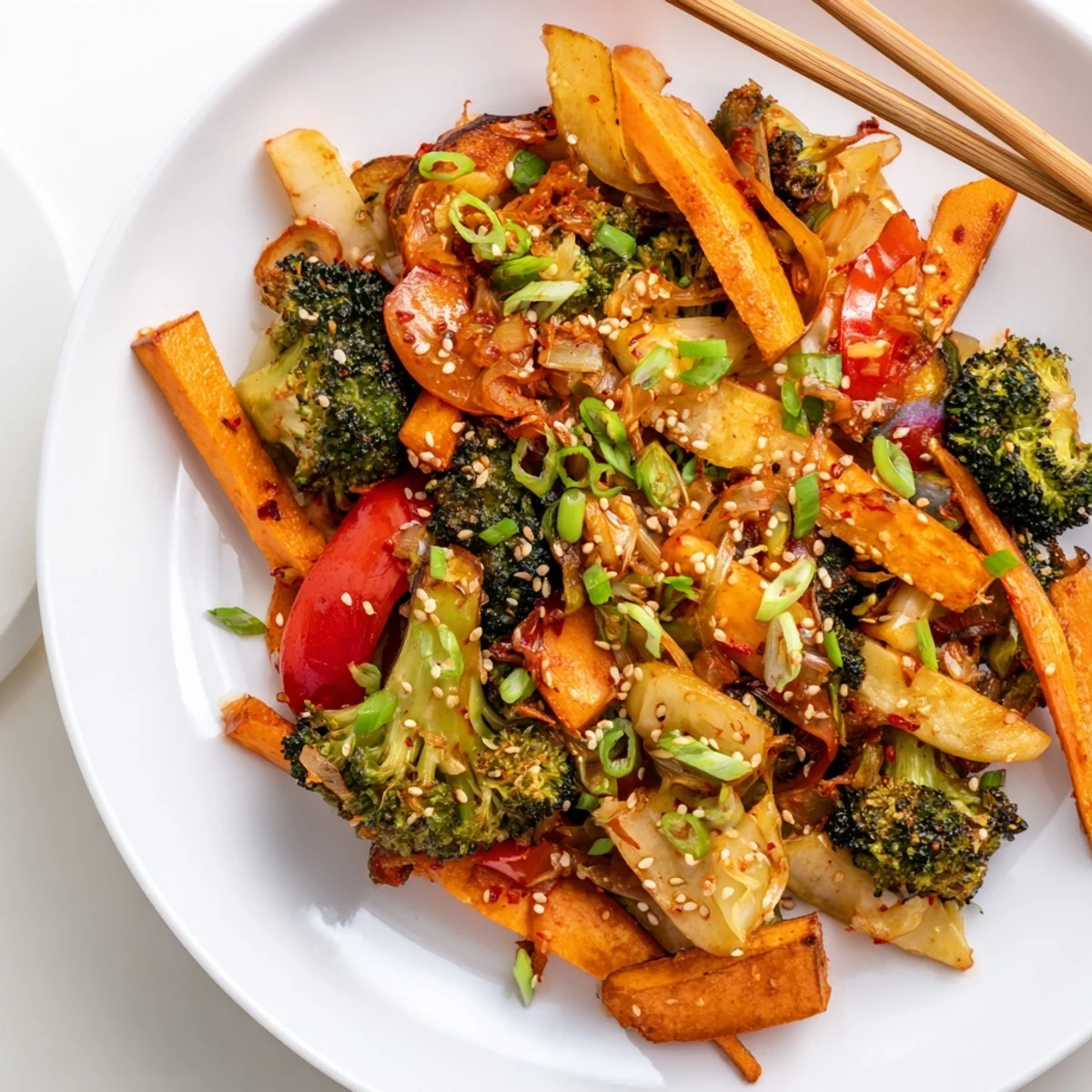 Steaming stir-fry with broccoli, carrots, and kimchi in a skillet, garnished with green onions and sesame seeds.  