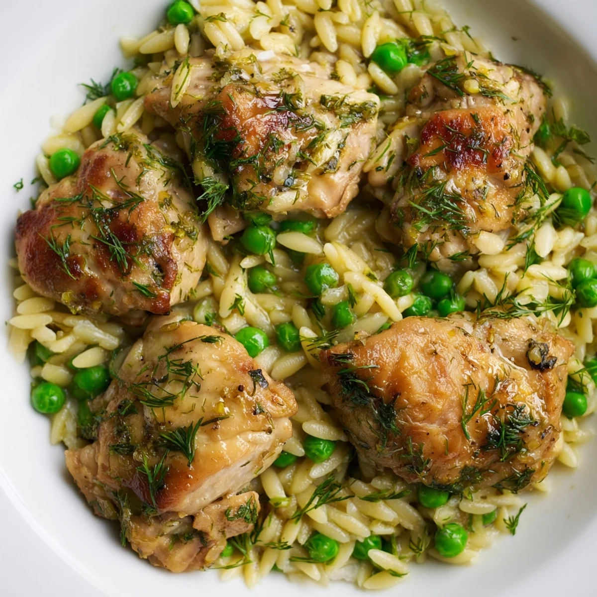 Golden-brown chicken thighs and al dente orzo mingle with vibrant green peas and fresh herbs in a zesty lemon sauce in this Lemon Herb Chicken Orzo Skillet.  