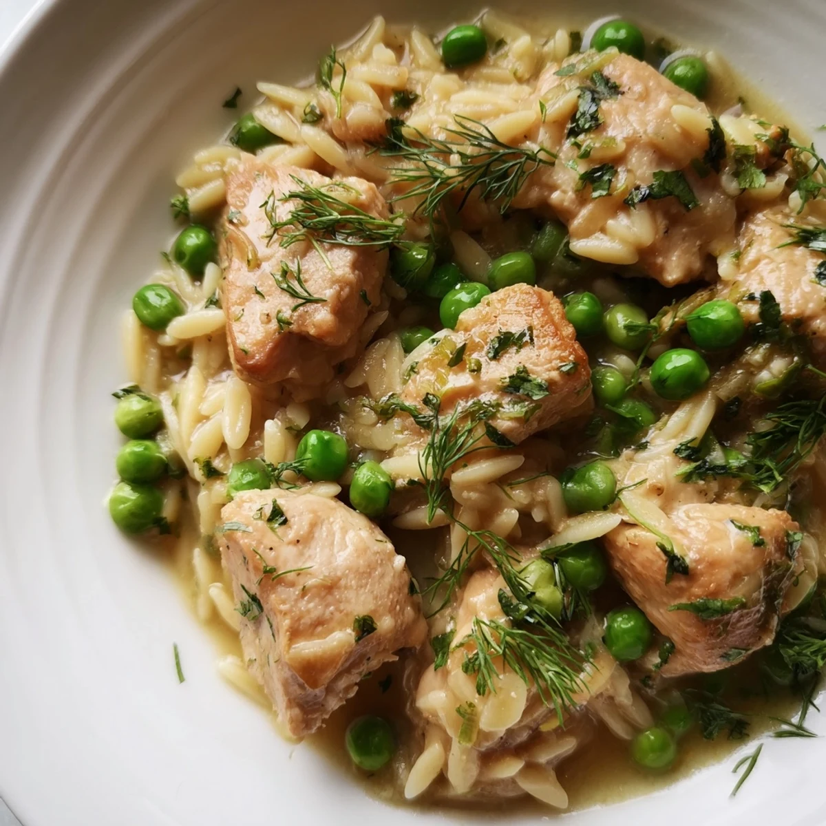 A steaming, one-pan Lemon Herb Chicken Orzo Skillet garnished with chopped parsley and dill, ready to serve as a comforting spring dinner.  