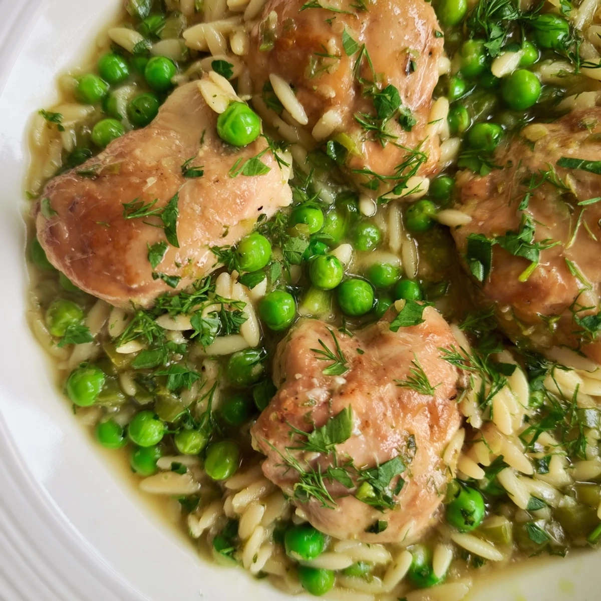 This close-up of the Lemon Herb Chicken Orzo Skillet shows tender chicken pieces and orzo pasta coated in a bright, lemony sauce with peas.