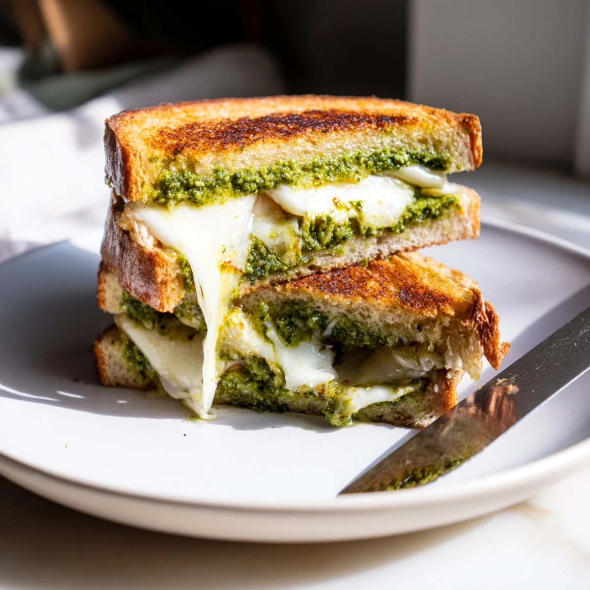 Fresh pea and basil pesto creates a bright, vegetarian filling inside buttery, grilled sourdough bread.  