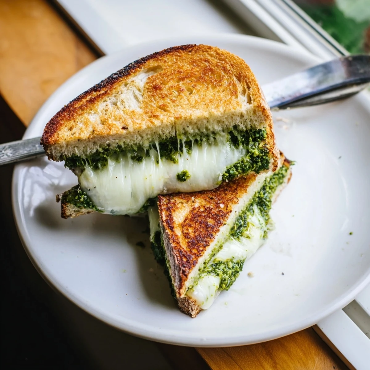 Golden, crisp sourdough slices hold melty mozzarella and vibrant spring pea pesto in this grilled cheese sandwich.  