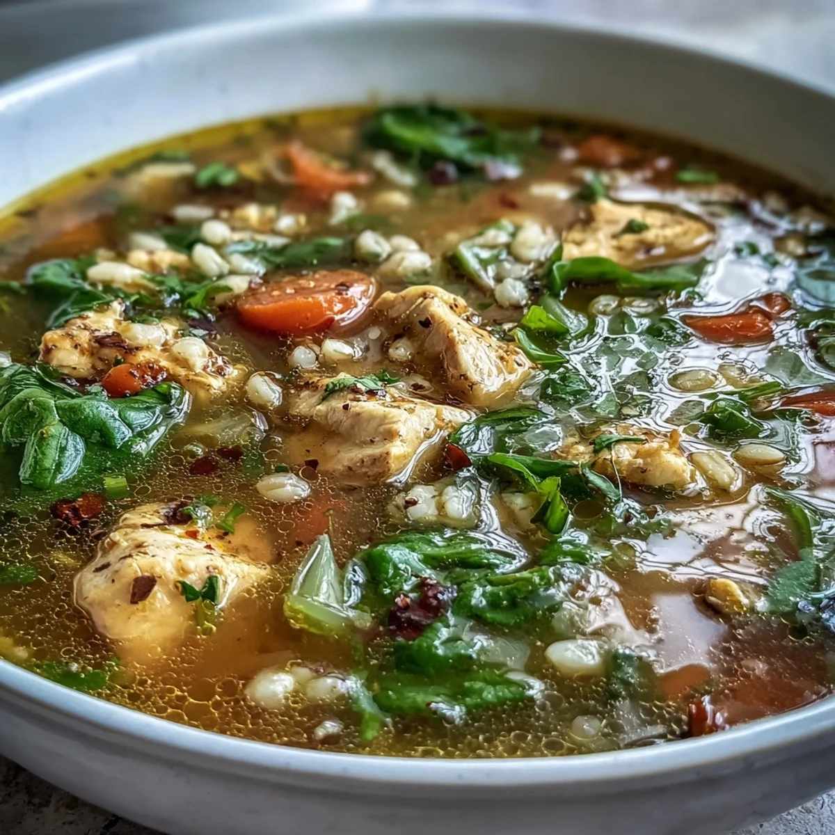 A bowl of golden Soothing Turmeric Chicken With Pearl Barley, garnished with fresh parsley and a lemon wedge.