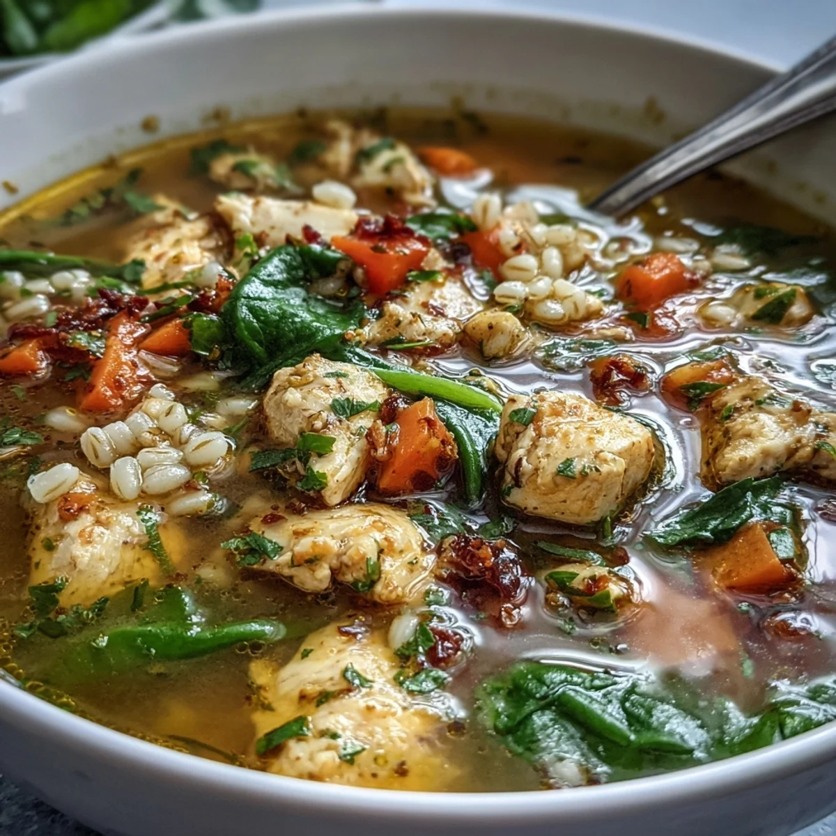 Close-up on tender chicken and pearl barley in the Soothing Turmeric Chicken With Pearl Barley, steam rising from the golden broth.