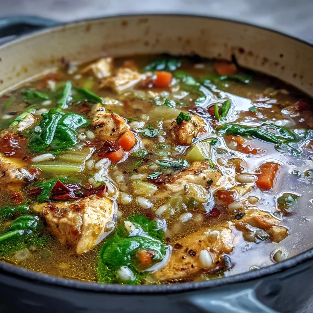 Hearty Soothing Turmeric Chicken With Pearl Barley served in a rustic bowl, paired with crusty bread for dipping.