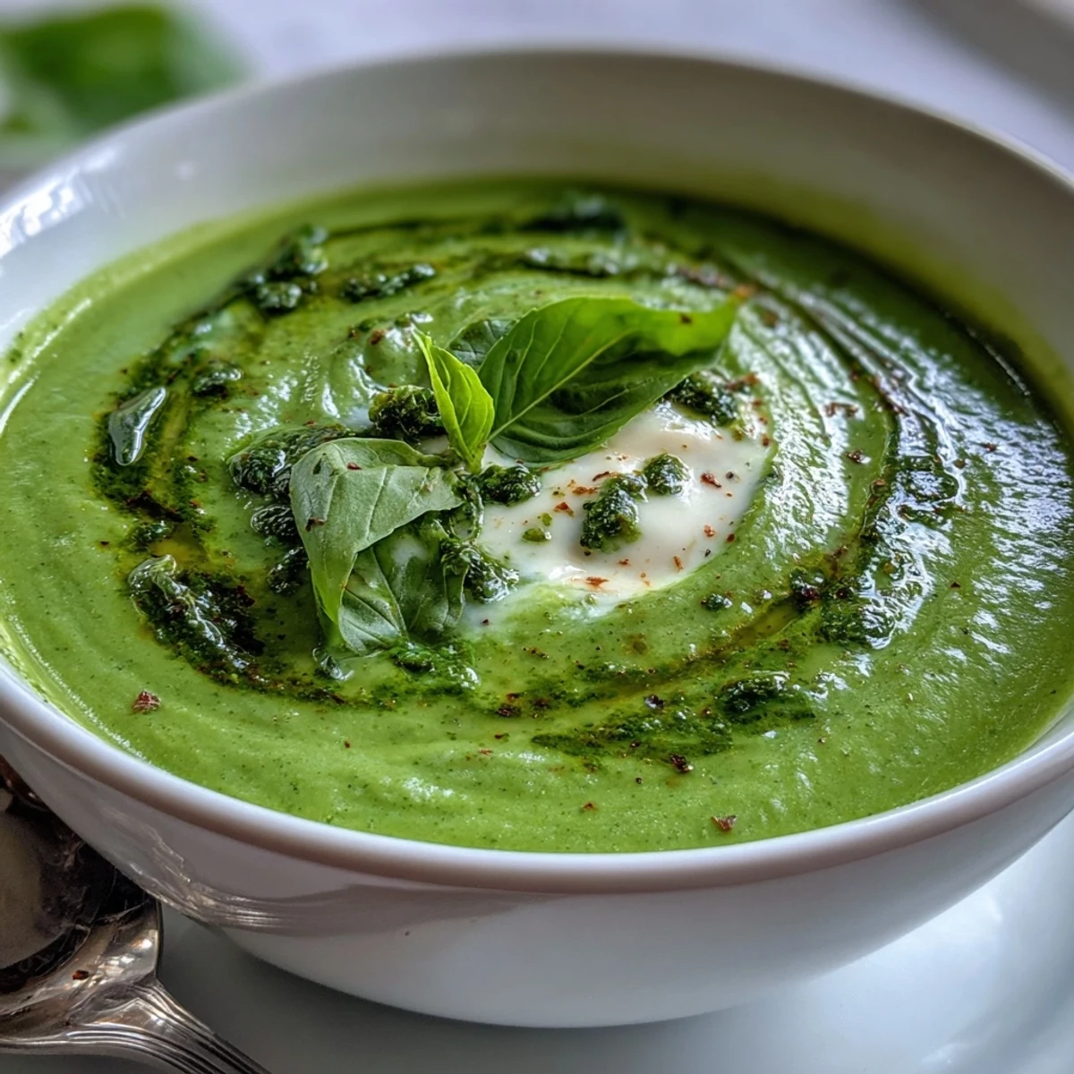 Close-up on a silky smooth Courgette, Pea and Pesto Soup garnished with a drizzle of olive oil and pesto.
