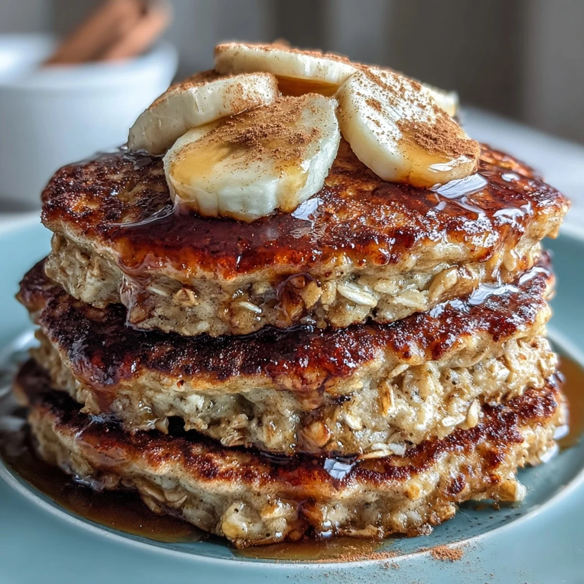 Golden brown banana oat pancakes stacked high, drizzled with maple syrup.