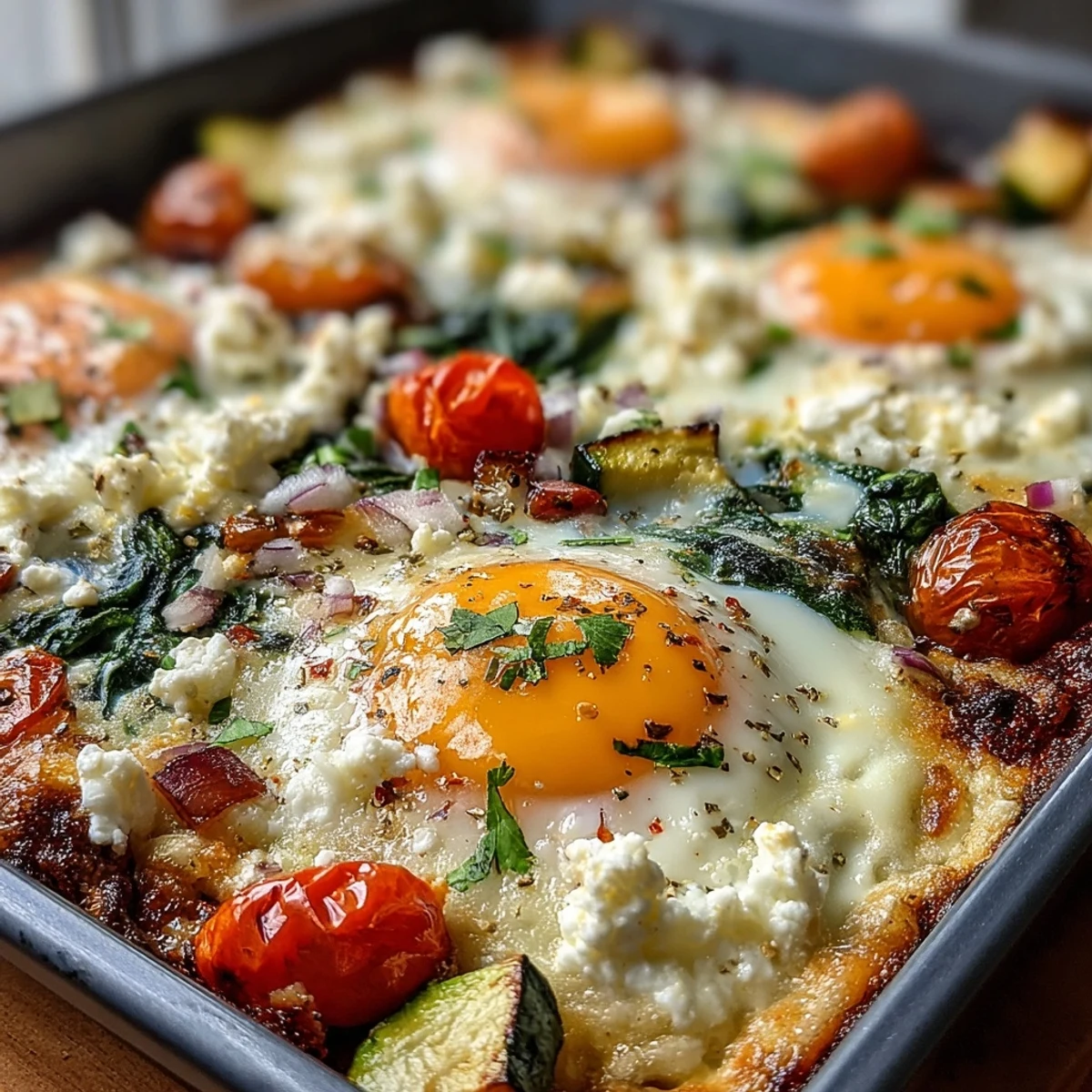 Golden High-Protein Sheet Pan Eggs with vibrant veggies, perfect breakfast.