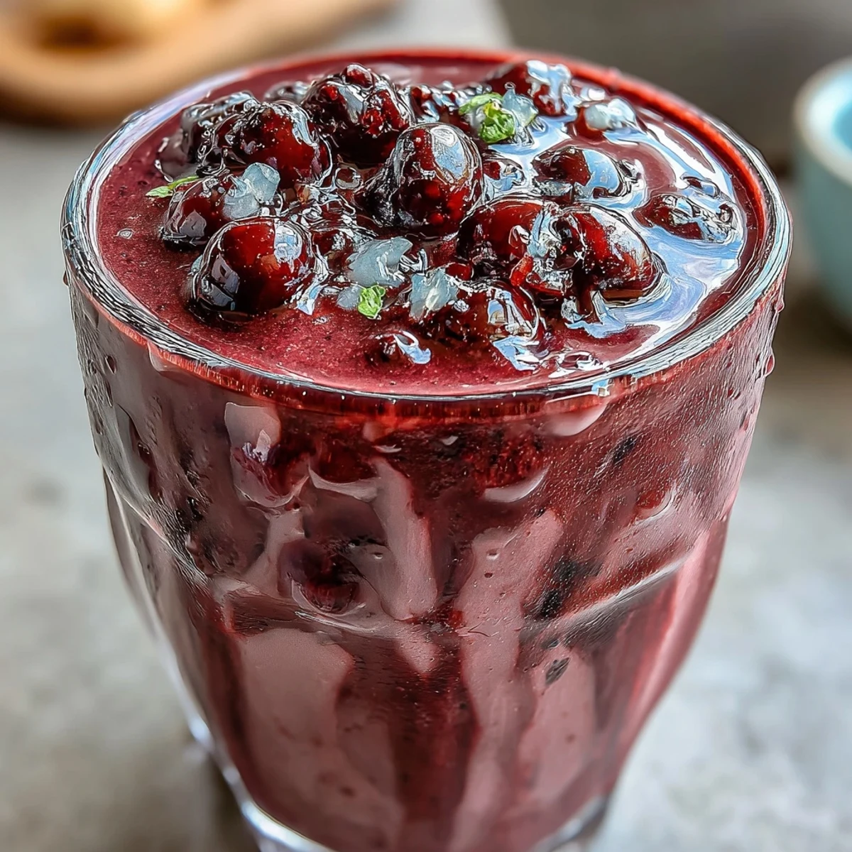Visualizing our Cherry Almond Smoothie: vibrant crimson, thick pour, topped with almonds.