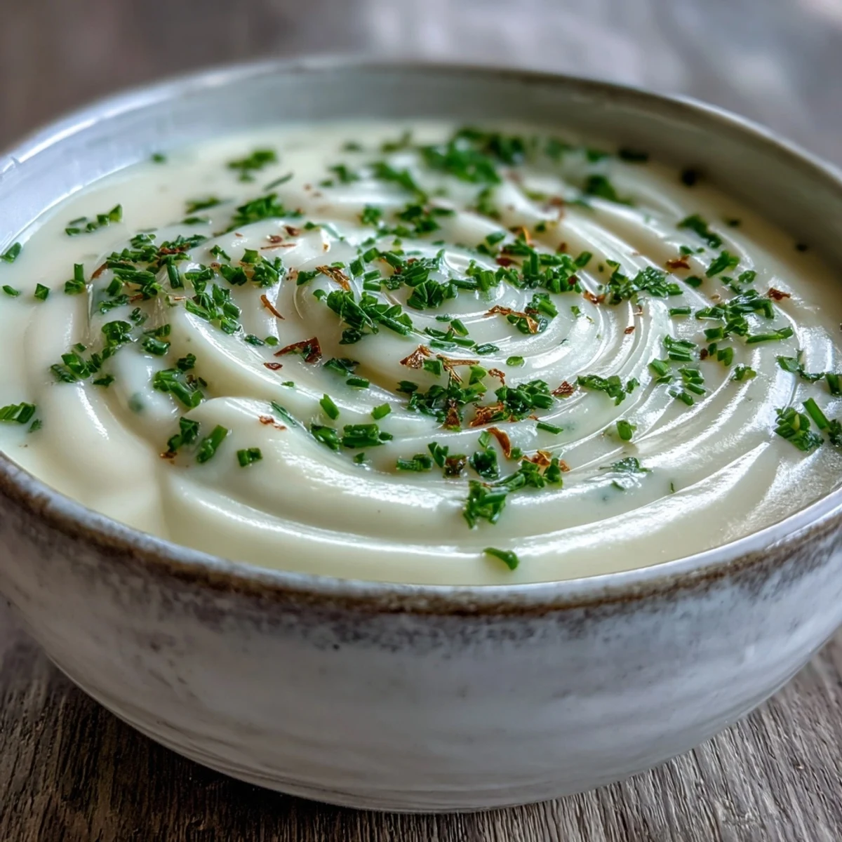 Silky Creamy Celery Root Bisque steaming in a white bowl, garnished with fresh chives and a light cream drizzle.