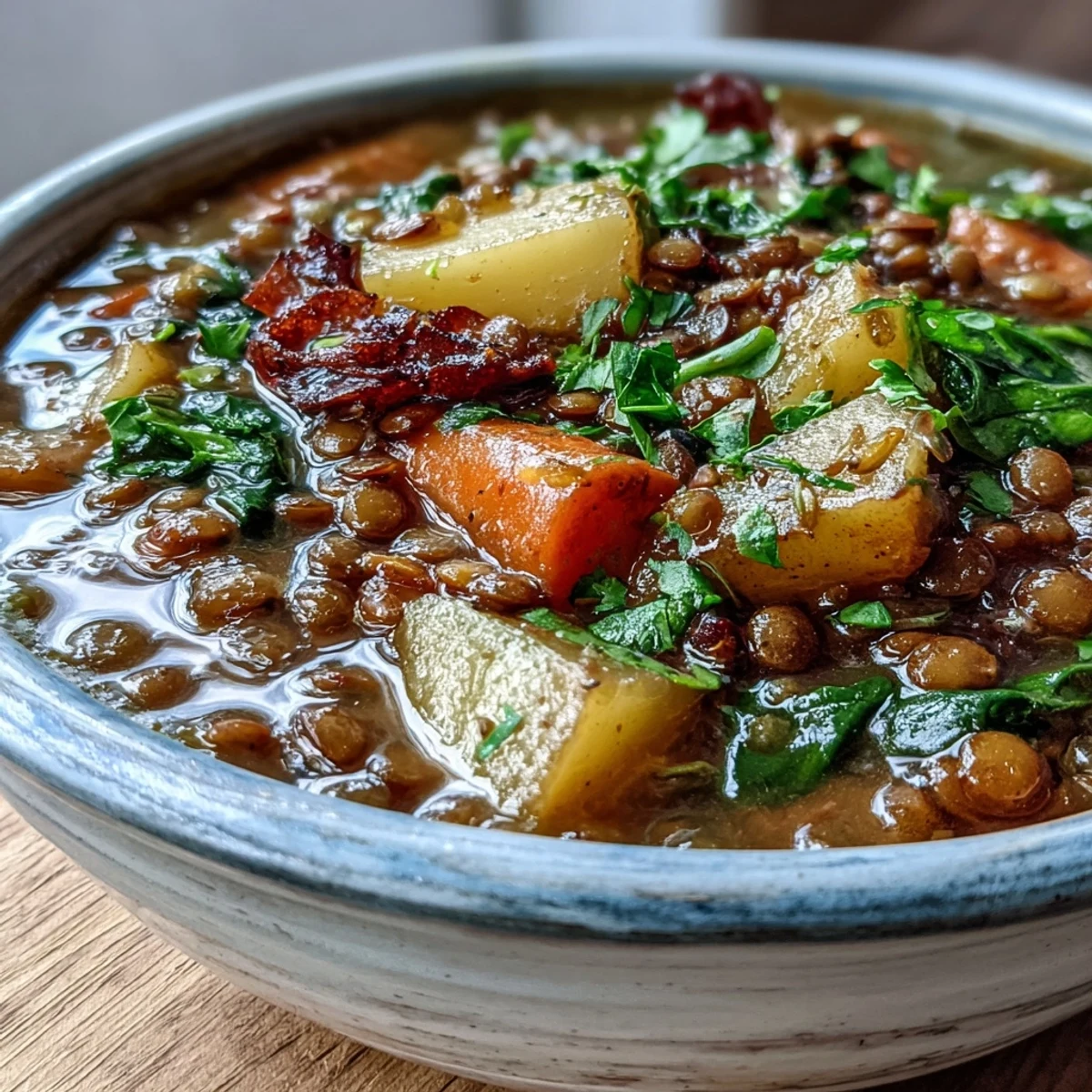 Served vegetarian lentil stew with crusty bread on the side, ready for a hearty, vegan dinner.