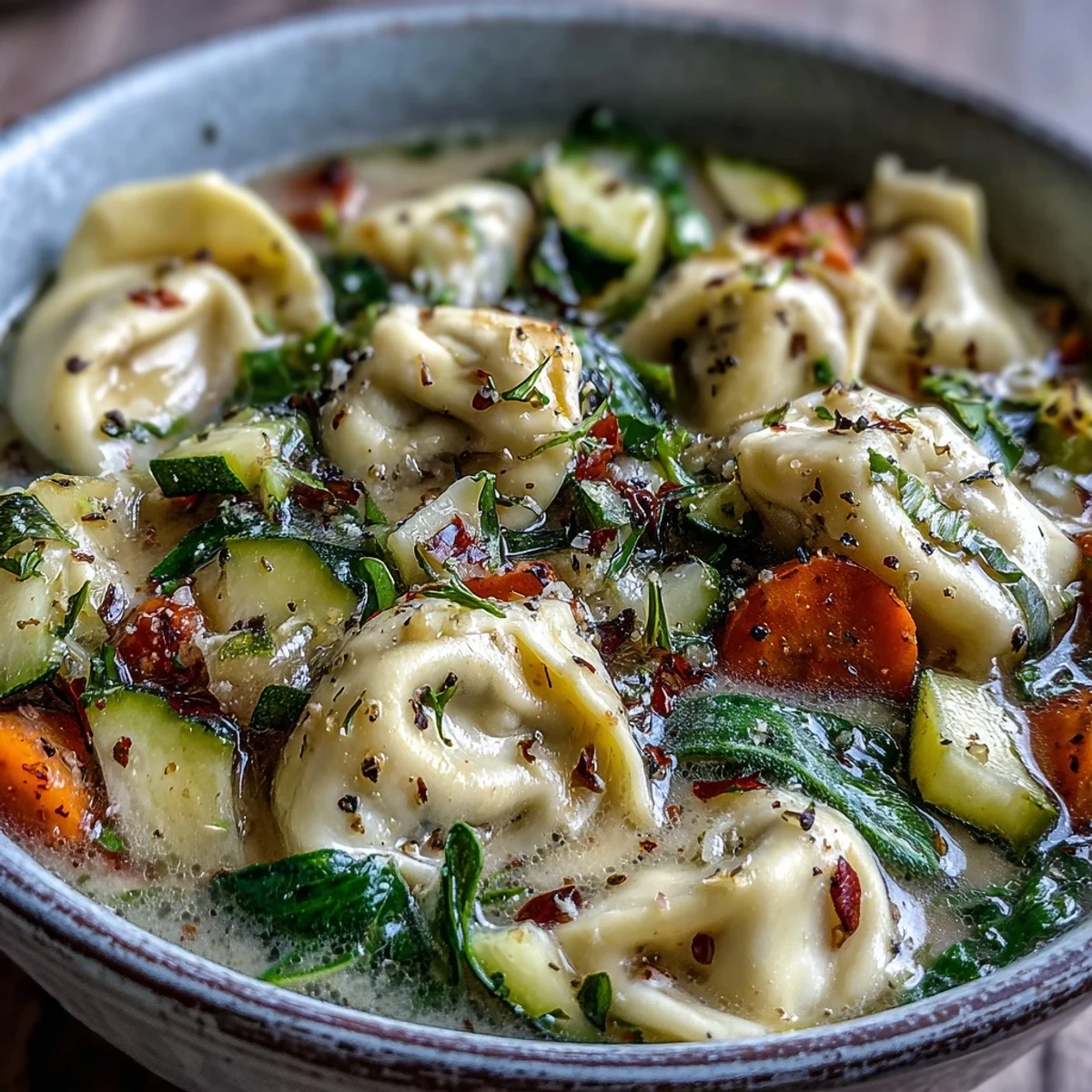 Steaming bowl of Creamy Vegetable Tortellini Soup garnished with fresh basil and Parmesan.