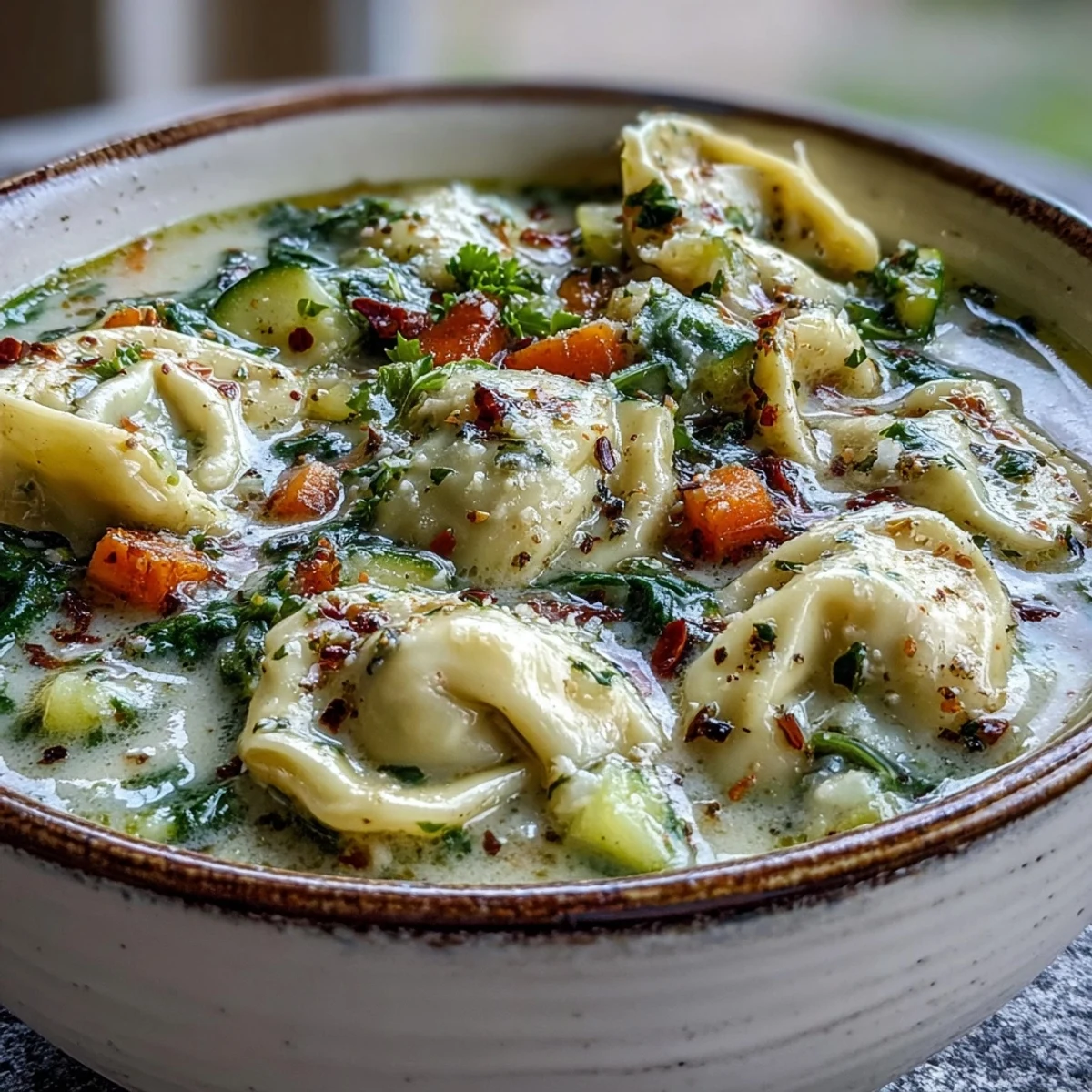 Hearty Creamy Vegetable Tortellini Soup served with crusty bread for dipping, ideal for a cozy weeknight dinner.