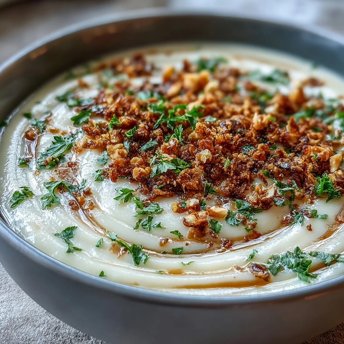 Silky smooth celeriac soup served hot in a white bowl, topped with toasted hazelnut crumble and fresh parsley.