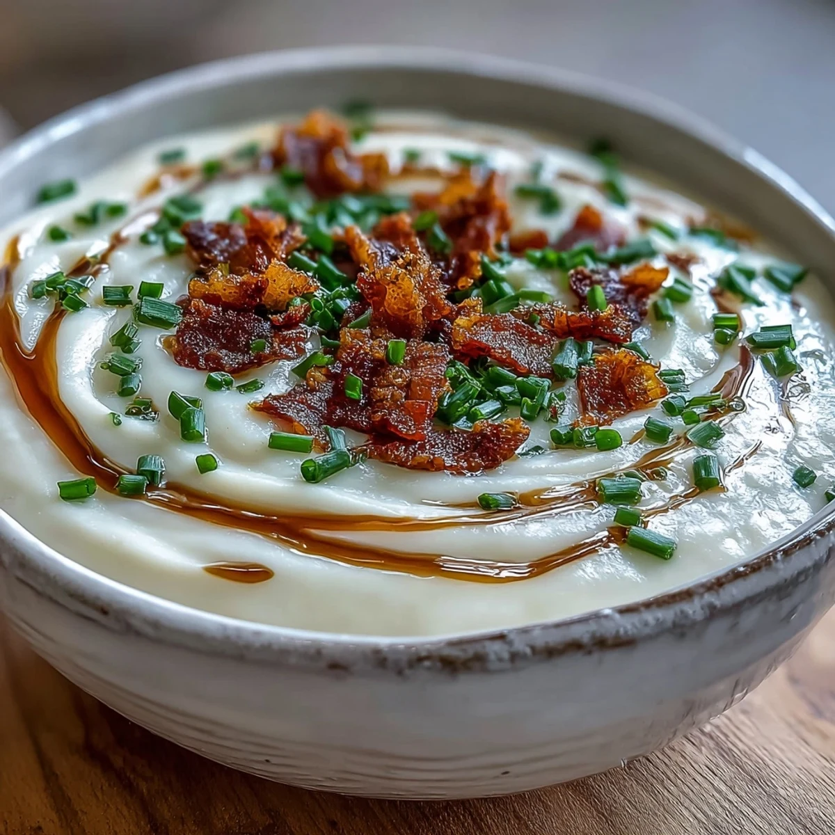 Creamy Celeriac Soup with Crispy Bacon garnished with fresh chives, served steaming in a rustic bowl for a cozy dinner.