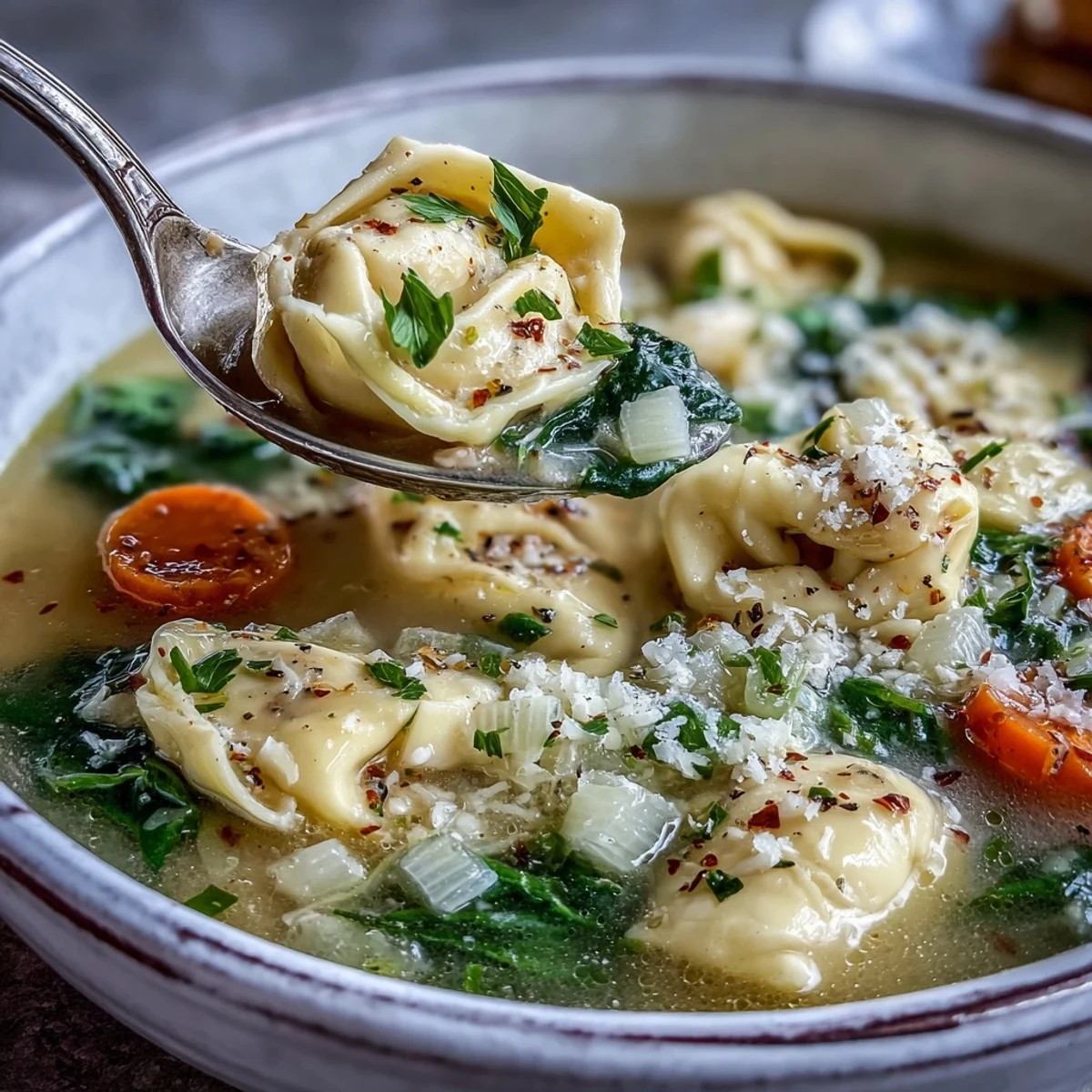 Creamy Easy Tortellini Soup with Chicken Broth steaming in a white bowl, topped with fresh parsley and grated Parmesan.