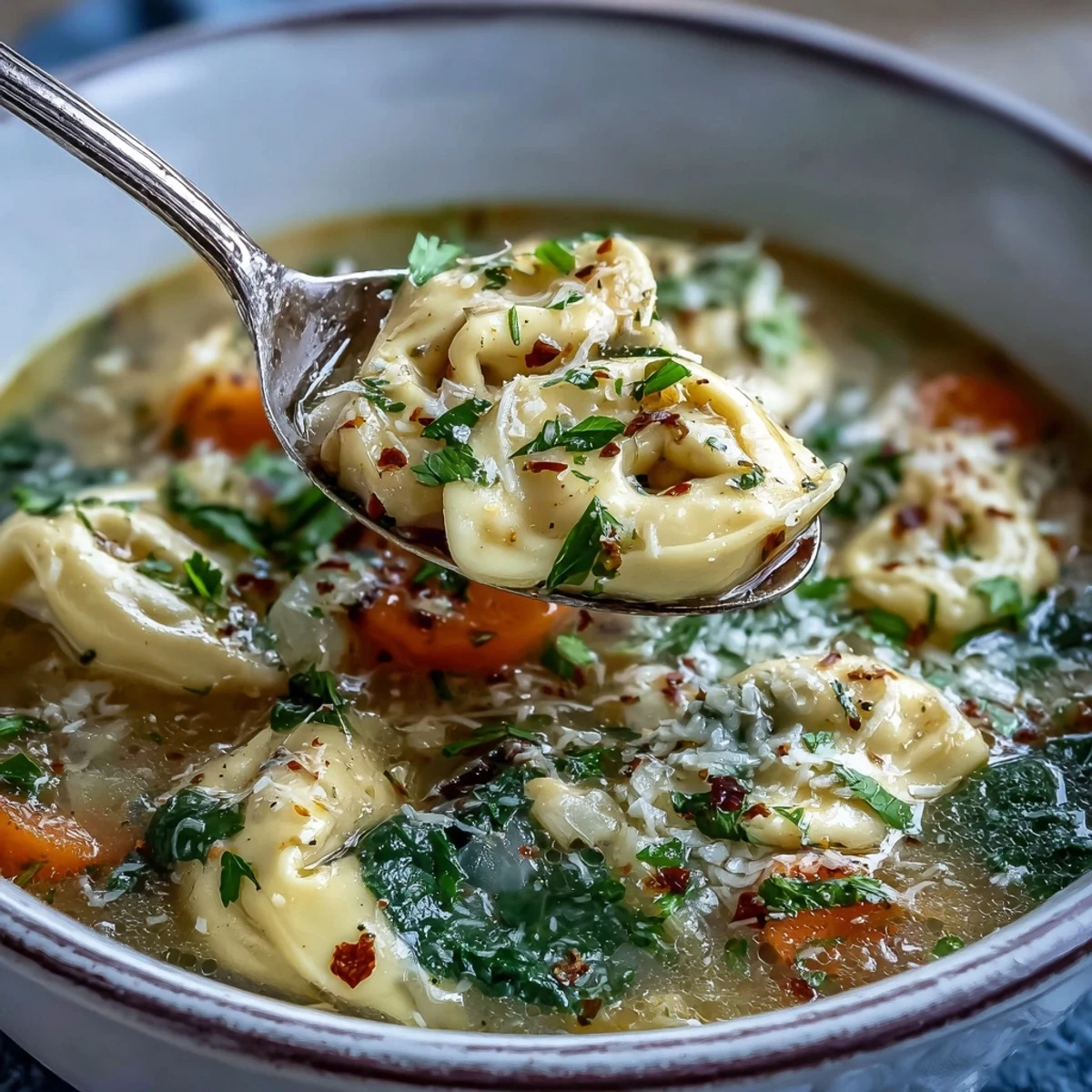 A pot of Easy Tortellini Soup with Chicken Broth bubbling on the stove, featuring carrots, celery, and wilted spinach.