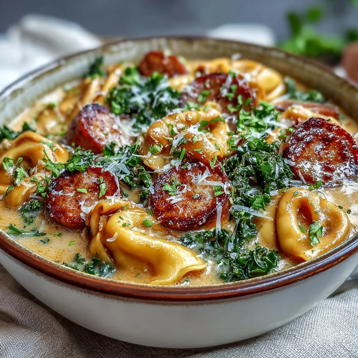 Creamy Pumpkin Tortellini Soup with chicken sausage and kale ladled into a rustic bowl with a gold spoon.