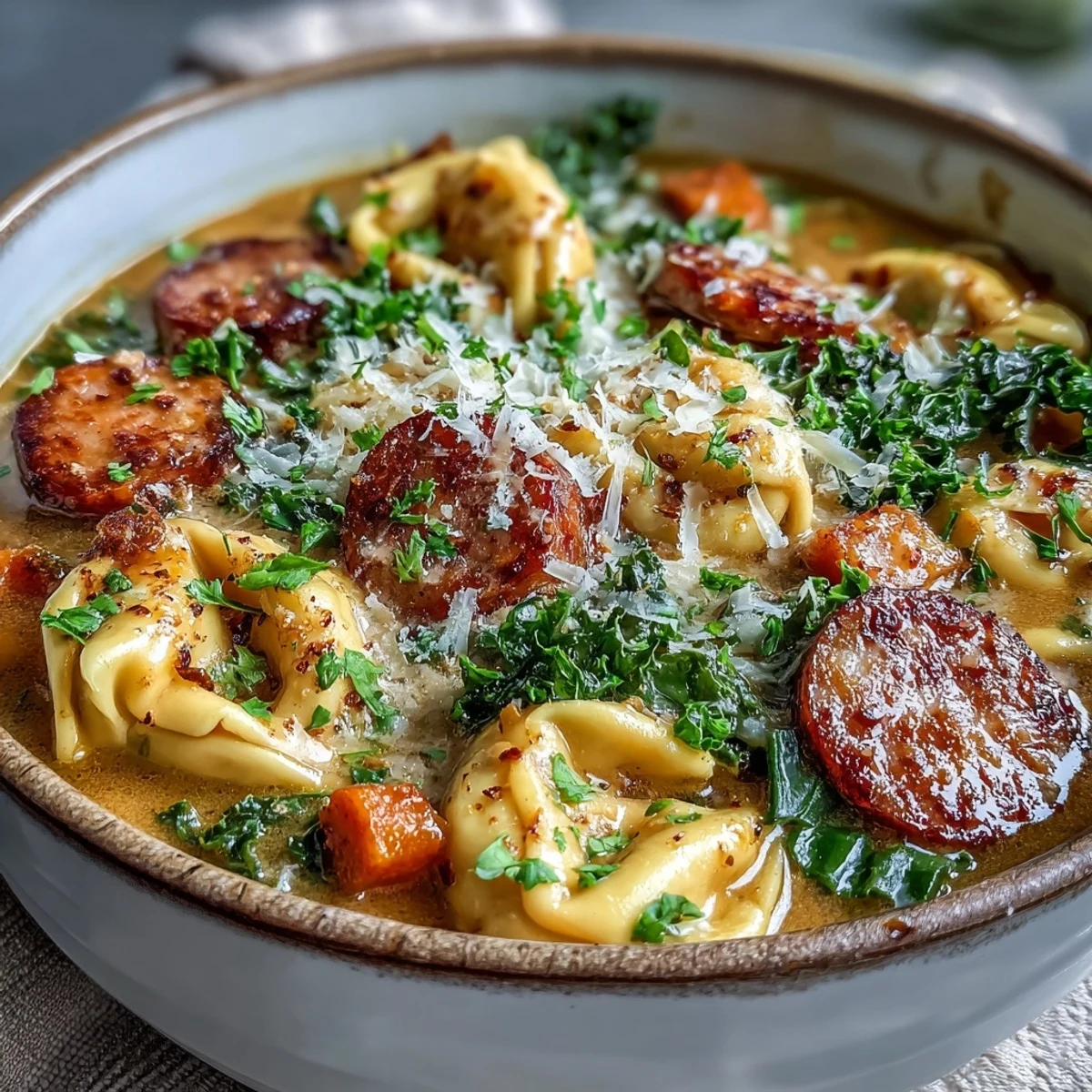 Pumpkin Tortellini Soup topped with grated Parmesan and parsley, served beside a slice of crusty bread.
