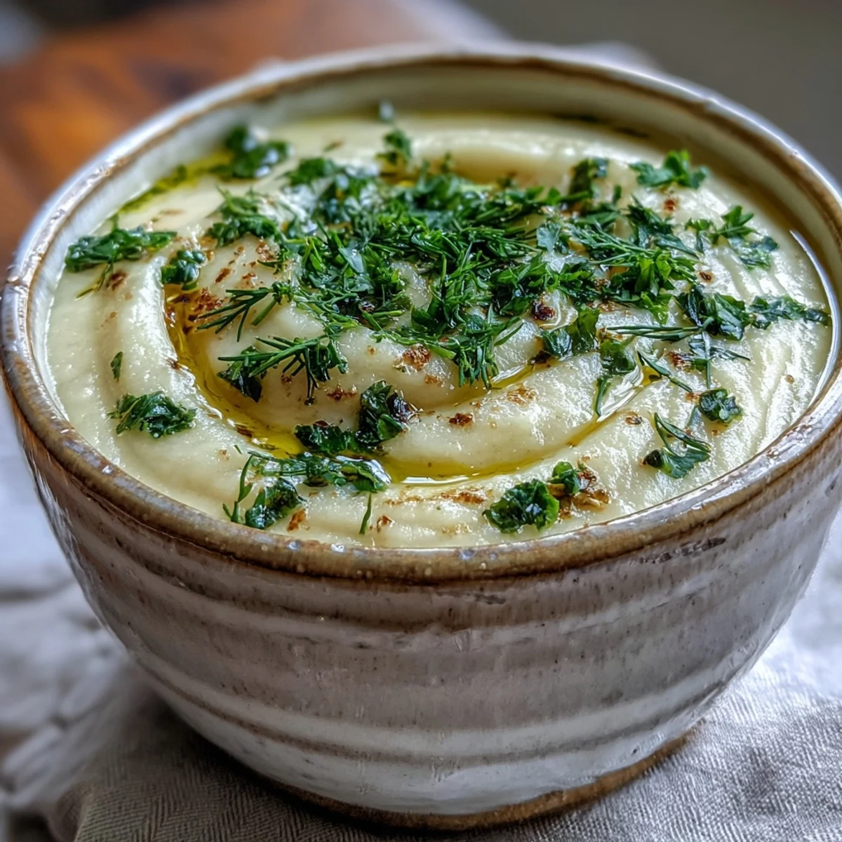 Smooth Parsnip and Herb Soup garnished with fresh chives and parsley, served steaming in a white bowl with a rustic spoon.