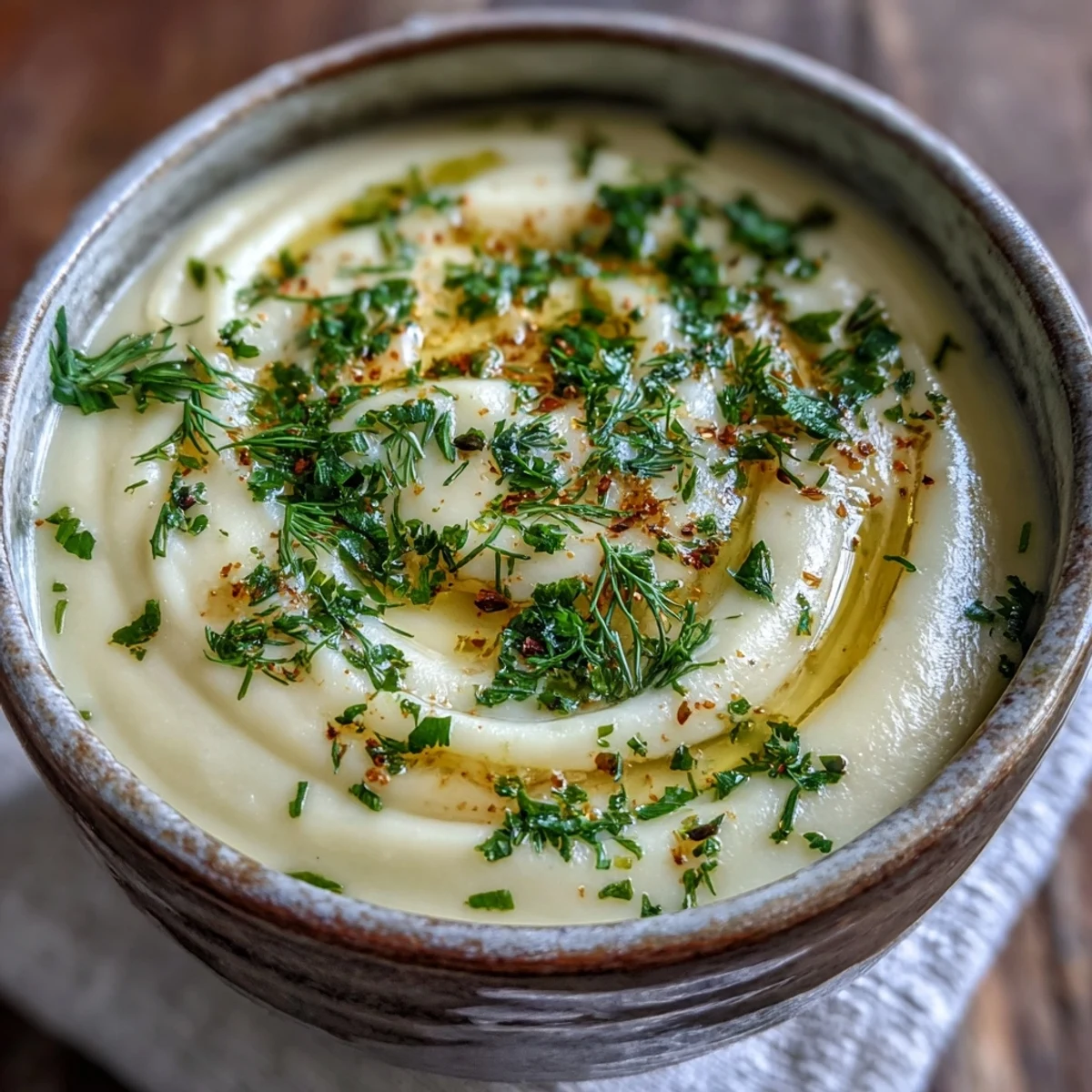 Vibrant green herbs top a warm bowl of Parsnip and Herb Soup, perfect for a cozy vegetarian lunch or starter.