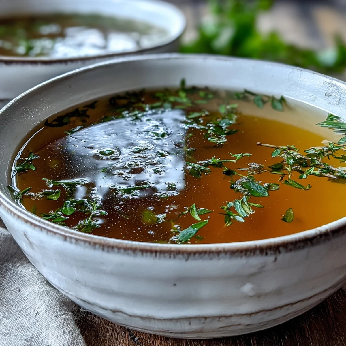 Freshly cooked Vegetable Broth From Scraps served in a rustic mug with steam.