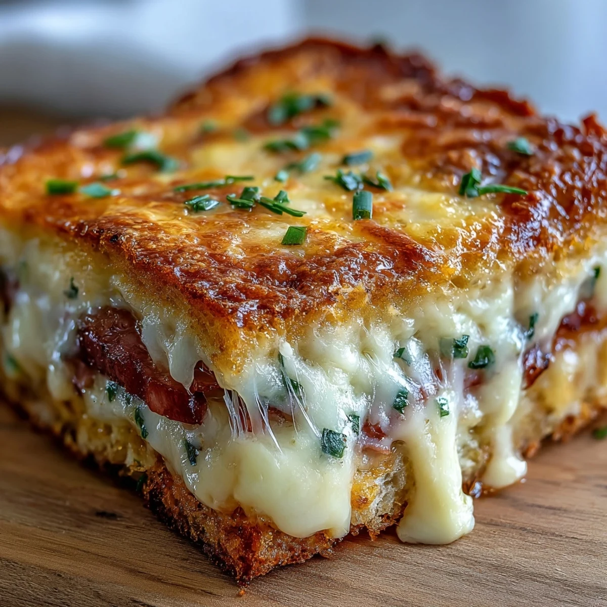 Golden-brown Croque Monsieur Casserole bubbling with rich Gruyère and creamy béchamel sauce, served in a white dish.