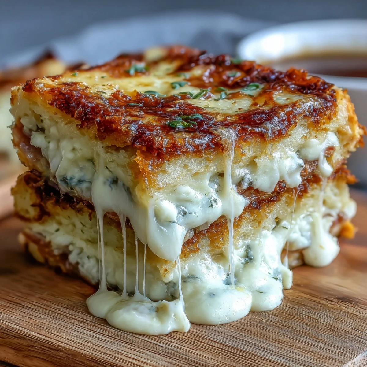 A close-up of the finished Croque Monsieur Casserole, garnished with fresh parsley and nutmeg, ready to serve.
