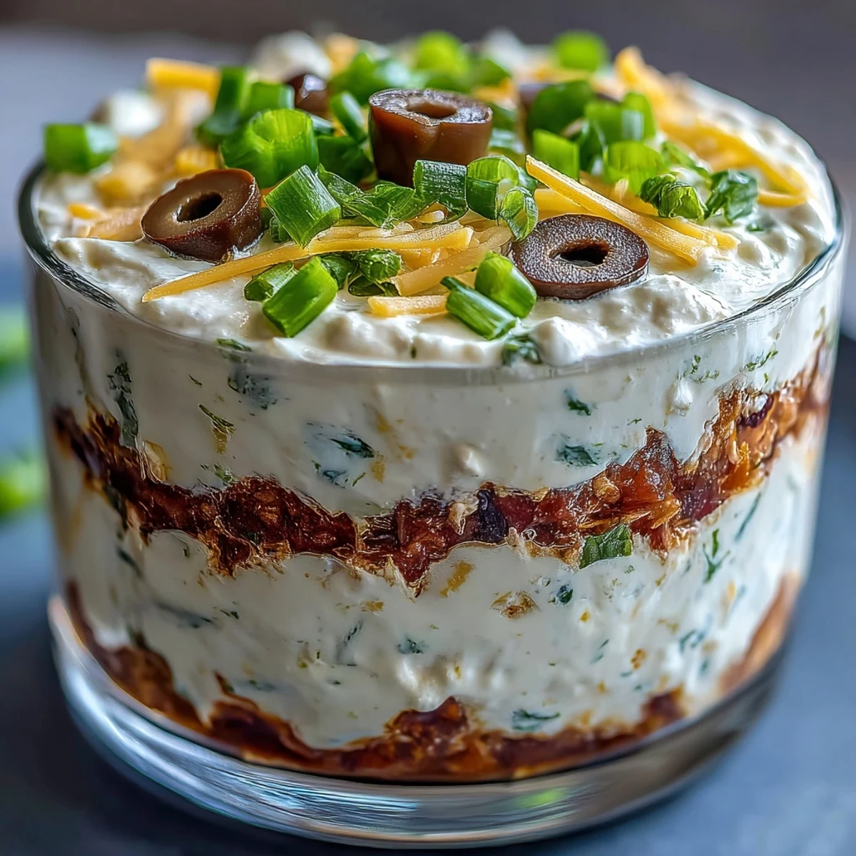 A vibrant 4-Way Layered Dip topped with cheddar, olives, and green onions, served with tortilla chips for dipping.