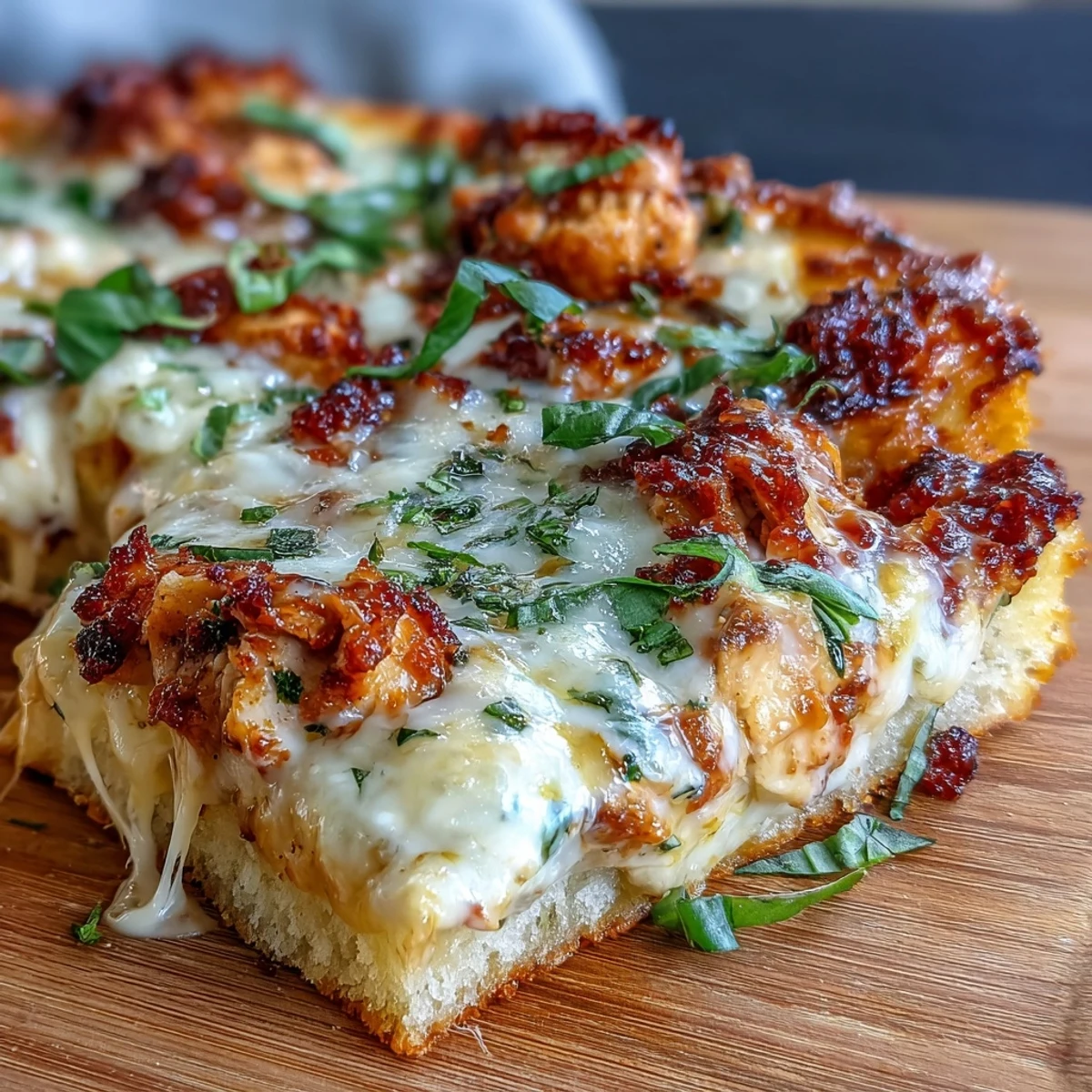 Golden, crispy Marry Me Chicken Pizza topped with creamy chicken, sun-dried tomatoes, and fresh basil.