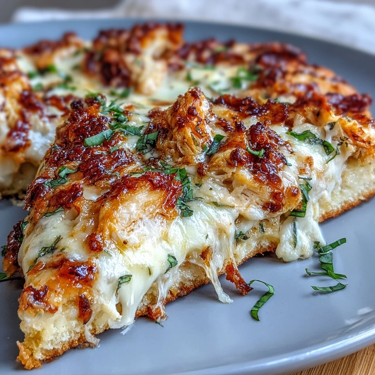 Marry Me Chicken Pizza on a wooden board, garnished with herbs and ready to serve.