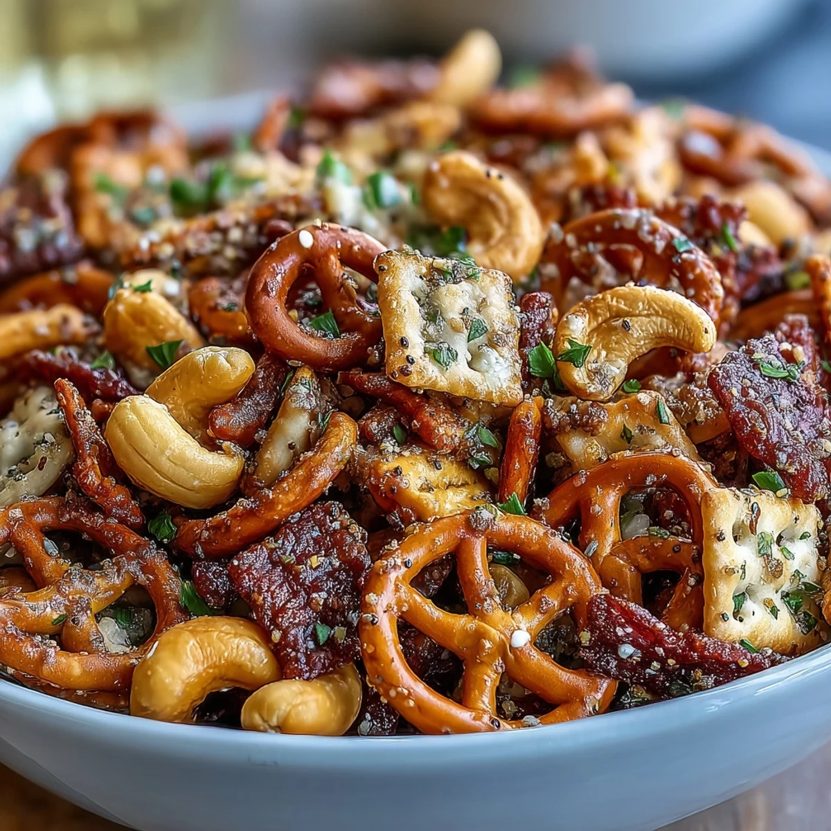 A savory bowl of Everything Ranch Cheese and Pretzel Snack Mix served with cold beer for game day.