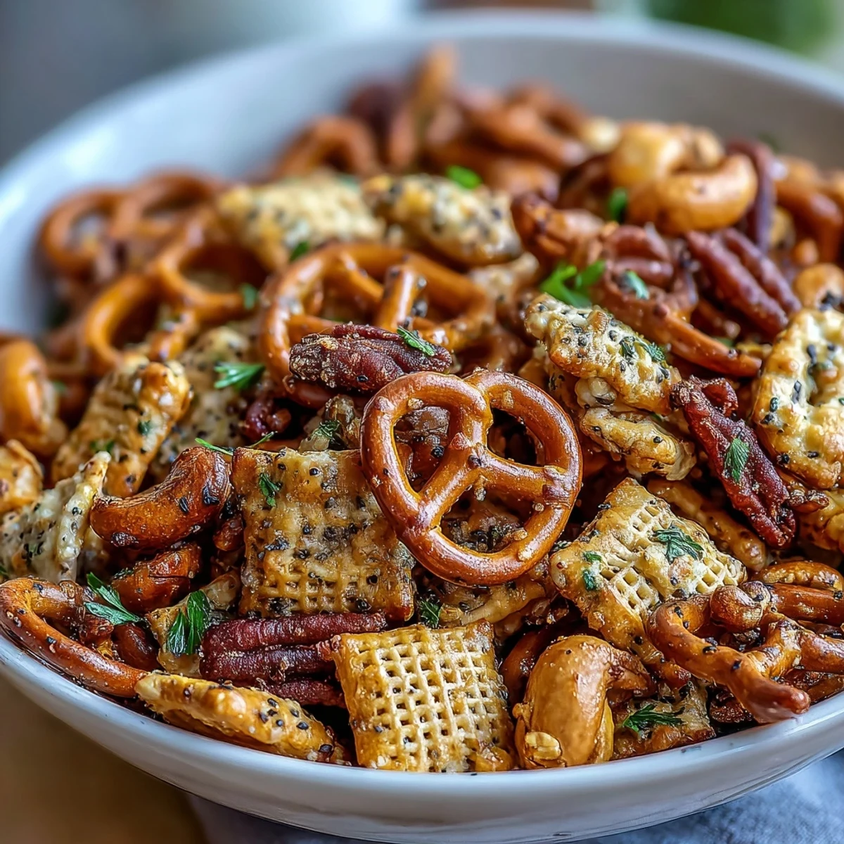 Close-up of Everything Ranch Cheese and Pretzel Snack Mix showing crunchy pretzels, cheddar crackers, and cashews.